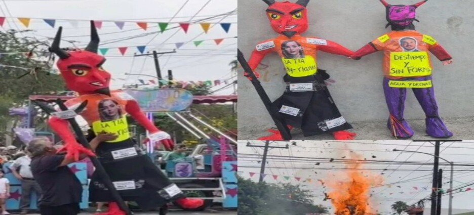 Prenden fuego a Samuel García y Mariana Rodríguez durante Quema de Judas en Nuevo León